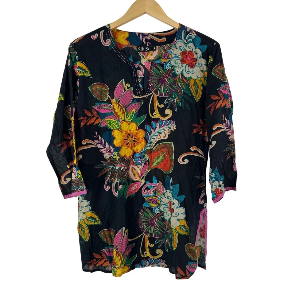 KikiSol Womens Shirt Medium‎ Tropical Floral Cruise Vacation Beachy Coastal Pool